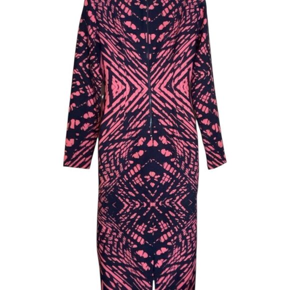 Maggy London Black/Pink Sheath Dress Long Sleeve Crew Neck zip back slit back 4 - Picture 3 of 6